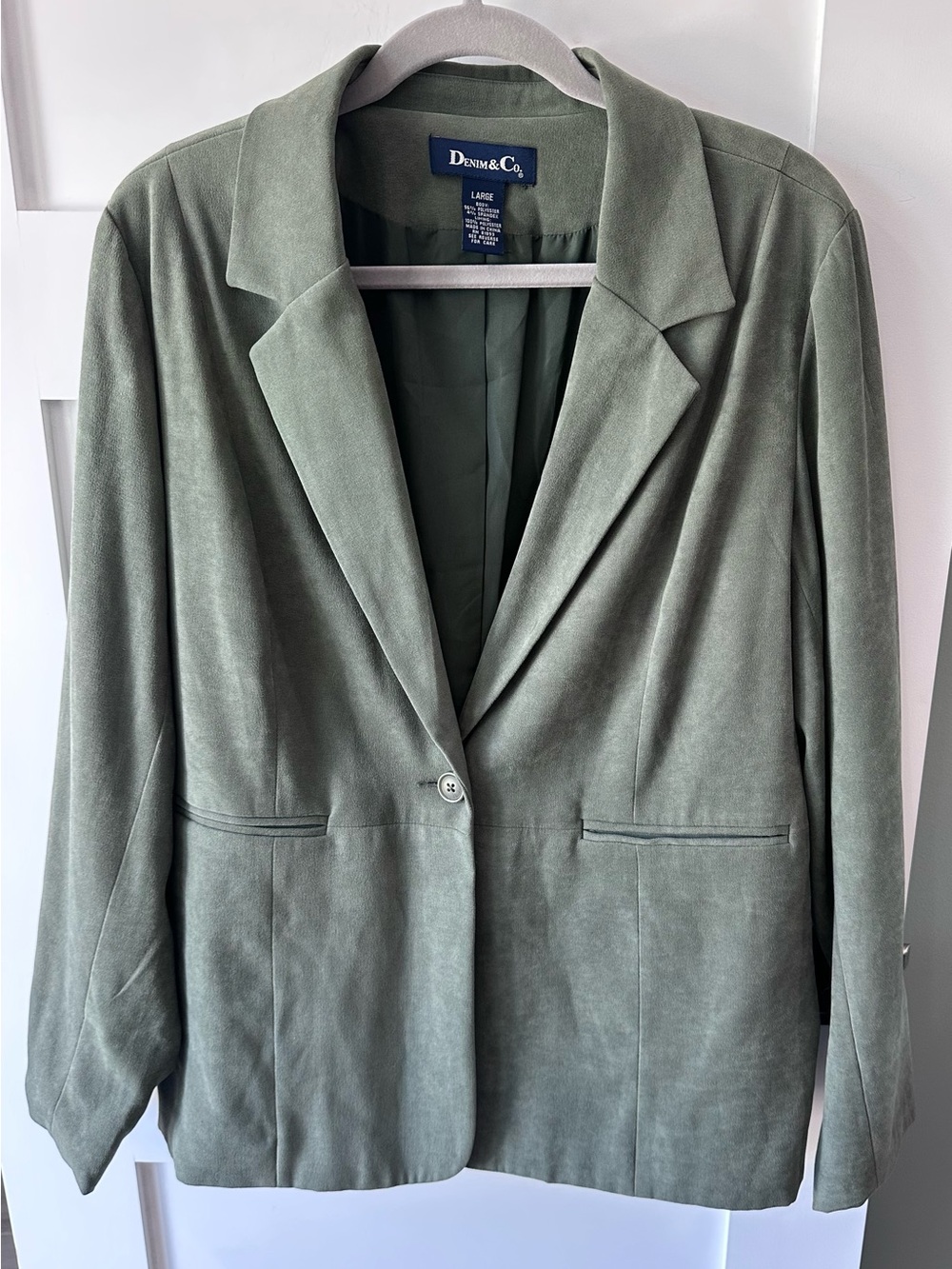 Denim & Co Blazer Womens Large Sage Green Faux Suede One-Button Lined Tailored